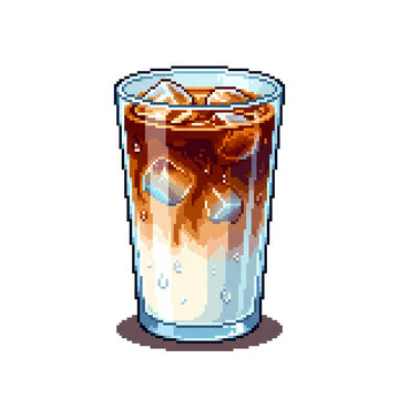 16-bit retro pixel art of iced coffee latte with milk and ice cubes vector illustration