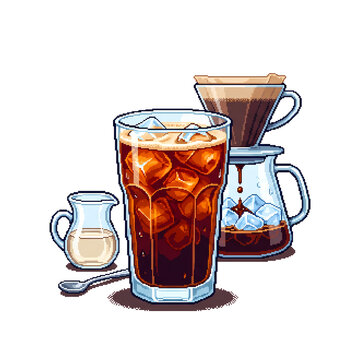 16-bit retro pixel art of Japanese iced coffee brewing setup with pour over dripper and glass vector illustration