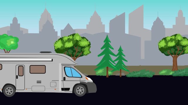 Cartoon animation of auto caravan running on the way, city background view