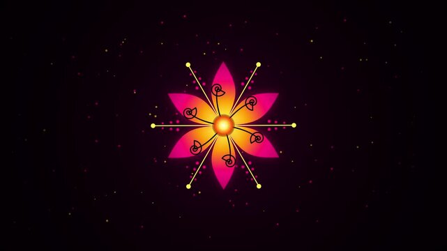 Neon Flower Mandala Animation With Radiant Glowing Petals And Floating Particles On Dark Background