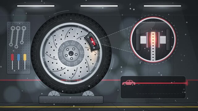 Brake pads replacement cutaway, worn pads with sparks swapped for new ones, car service explainer animation in 4K