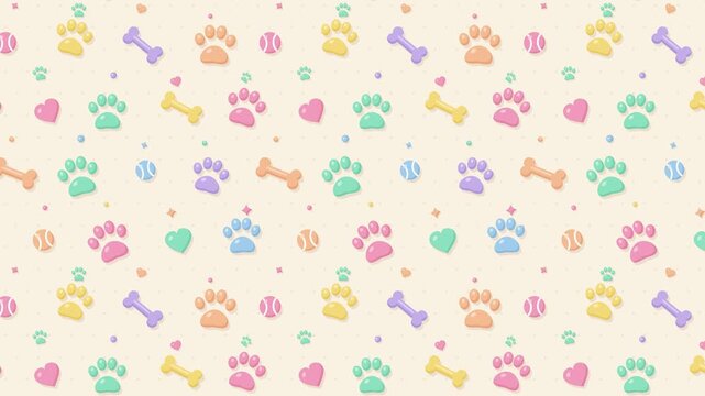 Cute pastel paw print pattern with dog bones, balls and hearts sliding diagonally, pet background seamless 4K loop