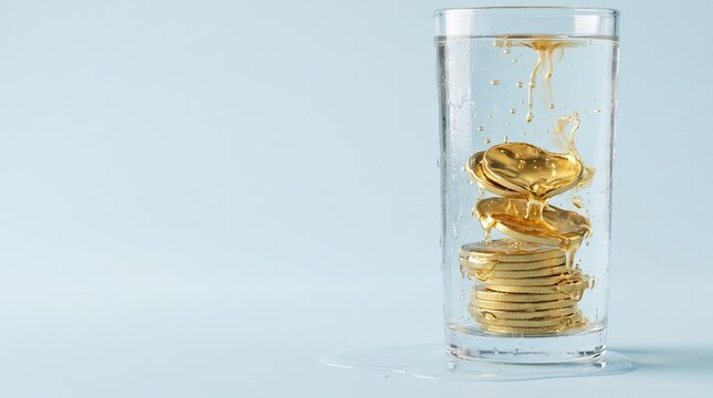 Gold coins melting like ice in a glass of water, inflation, cost of living and shrinking savings concept with copy space