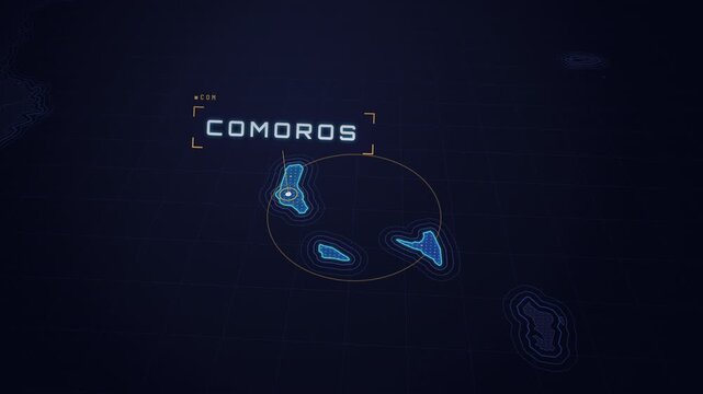 Digital map interface highlighting the islands of Comoros in Africa for travel and geography concepts.