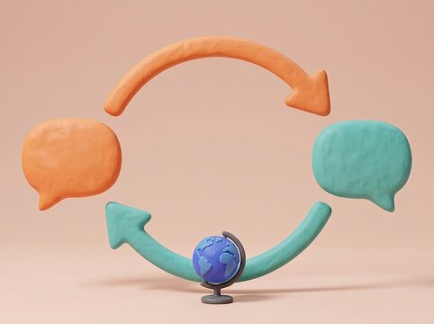 3D clay speech bubbles with curved exchange arrows and globe for global communication concepts