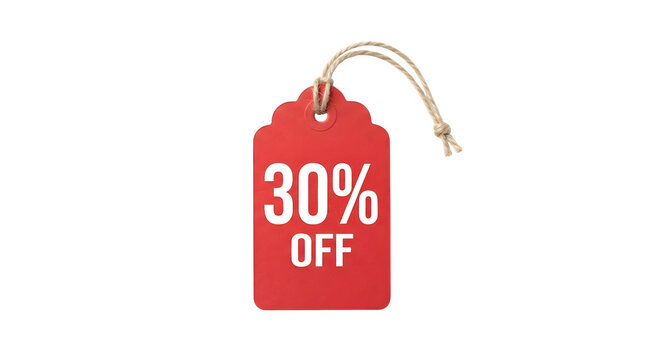 Red discount price tag marked 30% off with a natural twine loop, isolated for retail promotions, seasonal sales, ecommerce banners, and advertising designs