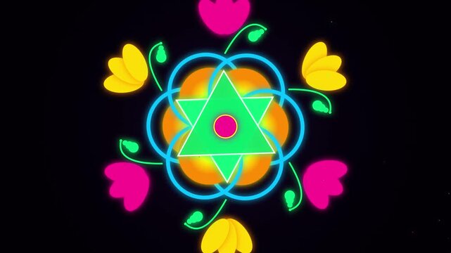 Neon Rangoli Animation Featuring Geometric Patterns and Colorful Floral Motifs on Dark Background