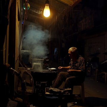 Elderly Indonesian street vendor grilling at night under a light bulb in the rain