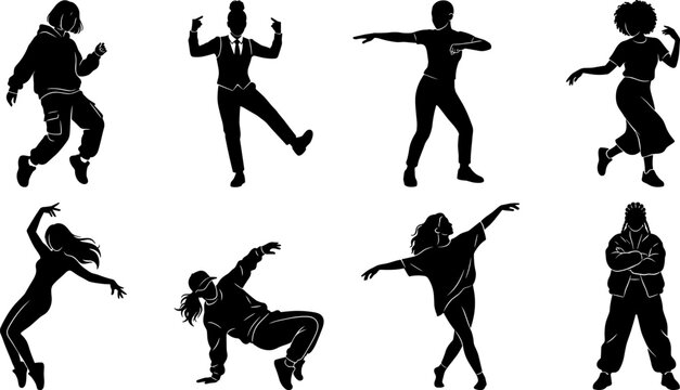 Set of black silhouettes of people dancing and posing