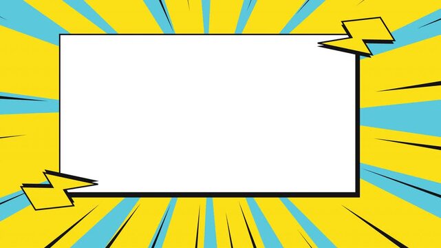 Animated comic book announcement panel with radial burst lines and lightning bolts for pop art messaging.