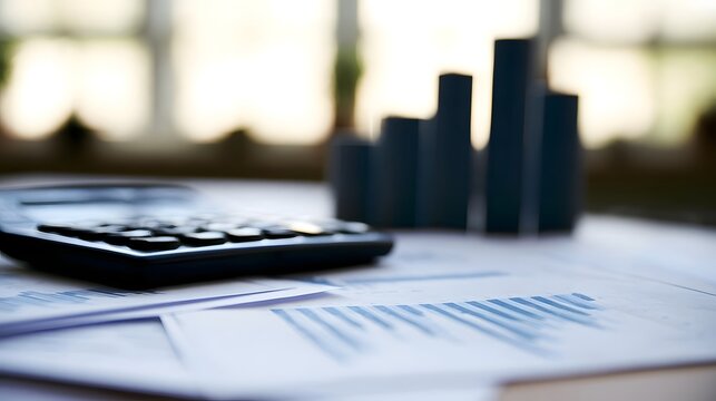 A close up view of financial documents with bar charts and a calculator on a desk  softly lit by window light