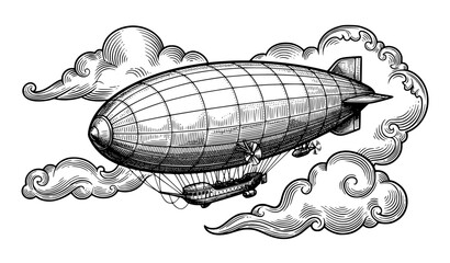 Ornamental Vintage Zeppelin with Decorative Clouds Black and White Vector Art © Rasme