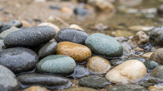 Smooth river pebbles and wet stones on a shallow creek bed for