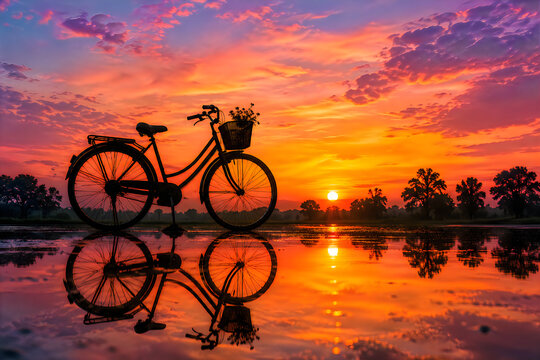 Bicycle Silhouette Reflecting on Water at Sunset