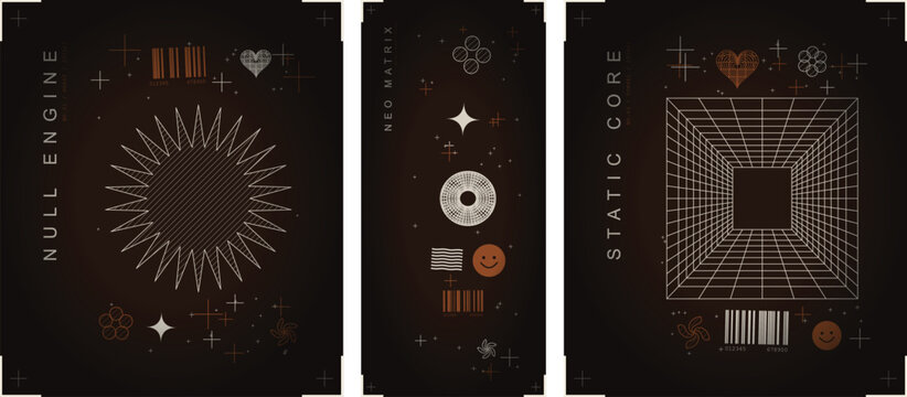 Set of three retro futuristic vector cards featuring dark textured backgrounds, sharp sunbursts, 3D wireframe grids, barcodes, and minimalist monospace typography