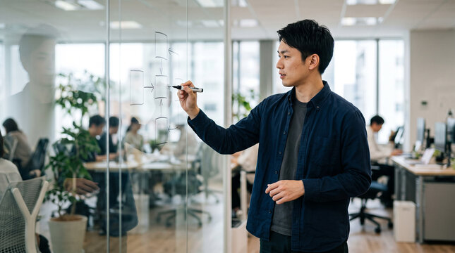 ガラスの壁に図を描いて設計する20代の日本人男性のITエンジニア：システム開発の仕事のイメージ