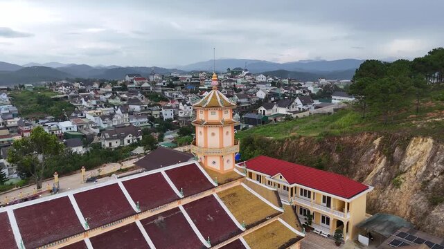 Aerial view of rear tower of Cao Dai Temple of Da Lat, Dalat, Lam Dong, Vietnam.