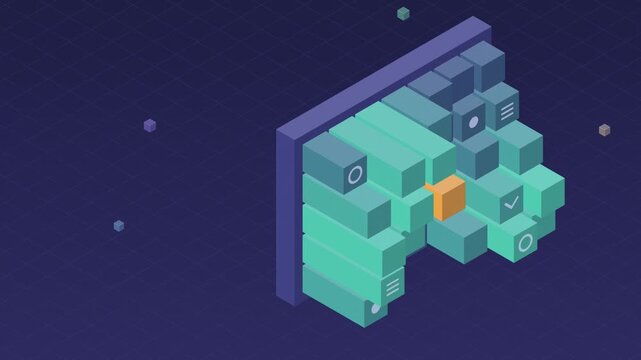 Three rows of stacked teal and purple rectangular blocks are arranged against a dark background, displaying modular construction elements and patterns for display purposes