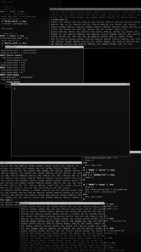 Vertical View of Multiple Terminal Windows with Scrolling Programming Code and Server Configuration Scripts.