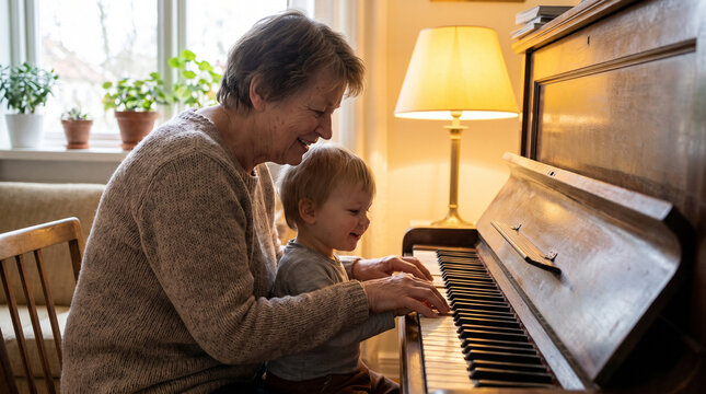 Patient music teacher guiding child's fingers on piano keyboard in warm room light