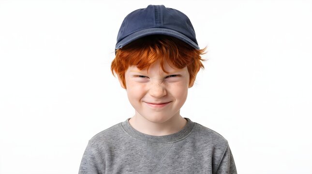 Studio portrait of a young child with red hair wearing a casual cap and gray shirt against a white background. Perfect for childhood, kids fashion, playful expressions, parenting,