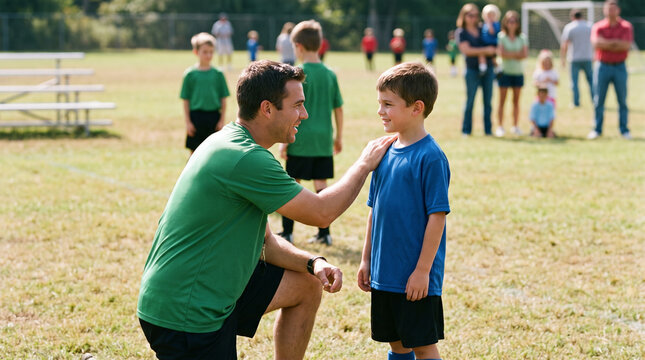 Supportive youth football coach encouraging player on grass field