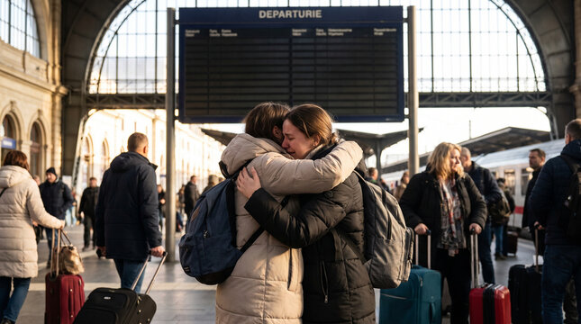 Emotional women sharing hug at train station reunion in natural light