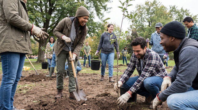 Team of volunteers planting trees in community park in natural daylight