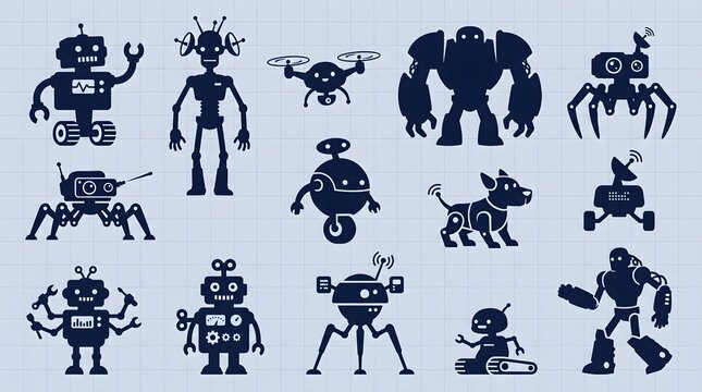 Collection of adorable robot characters in various shapes, poses, and designs. Perfect for artificial intelligence, robotics, technology projects, STEM education, gaming, mobile apps