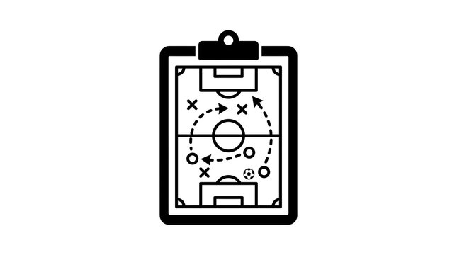 Minimal line art icon of a soccer tactics clipboard featuring a football field and strategic play markings. Perfect for sports coaching, football strategy, team management, game planning