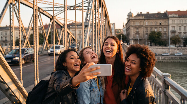 Laughing friends taking selfie on city bridge in golden hour light