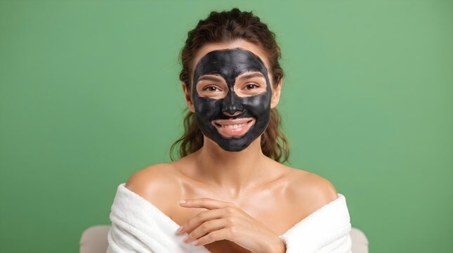 Natural Charcoal Facial Mask Treatment on Green Background | Skincare Beauty Concept