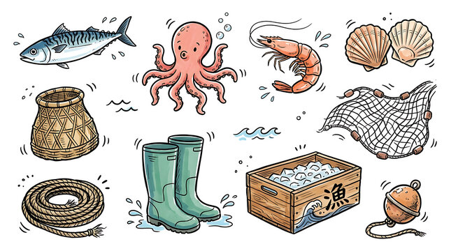 Colorful hand drawn illustration of various seafood and fishing equipment on white background