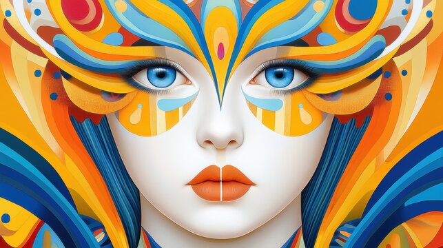 A vibrant digital artwork of a face with intricate, colorful patterns resembling butterfly wings surrounding bright blue eyes and orange lips.