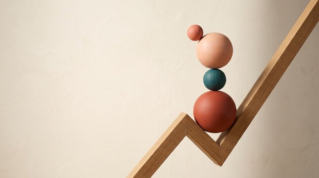 Minimalist business growth concept with wooden stacked spheres balancing on a chart trend line