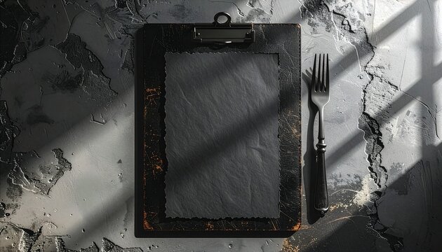 Horizontal dark menu mockup on black leather clipboard with antique fork on rustic concrete background