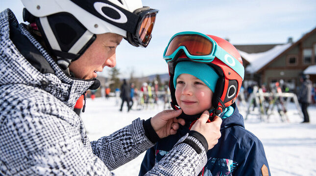 Caring adult adjusting young boy's ski helmet and chin strap at snowy mountain resort before skiing highlighting child safety.