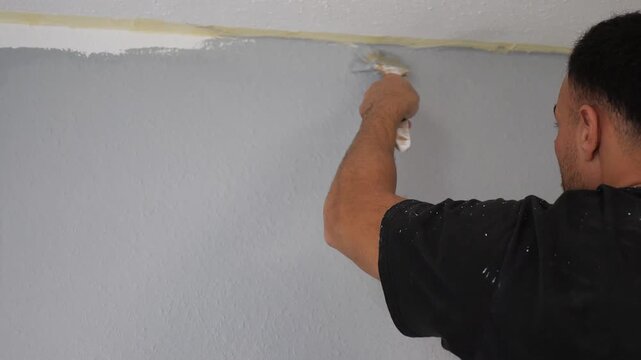 Professional Painter Using Brush to Apply Grey Paint Along Masking Tape Edge Near Ceiling Home Renovation Precision Detail Decorating Concept Indoors