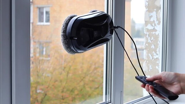 Person operates a window cleaning robot using a wireless remote control on a residential glass pane. Enhancing daily domestic efficiency through modern automated technology solutions
