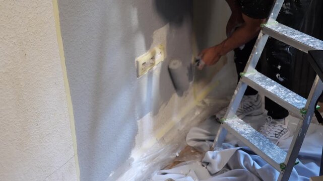Professional Painter Rolling Grey Paint on Lower Wall Around Power Outlets Standing Near Stepladder Home Renovation Precision DIY Project Indoors