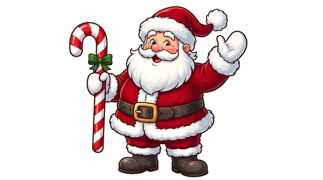 Santa Claus waving cheerfully holding candy cane during Christmas holiday celebration