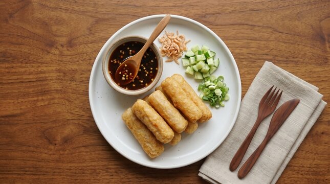 Traditional Indonesian pempek lenjer kecil, cylindrical fish cakes served on a white plate with spicy cuko sauce, ebi, cucumber, and wooden cutlery, top view.