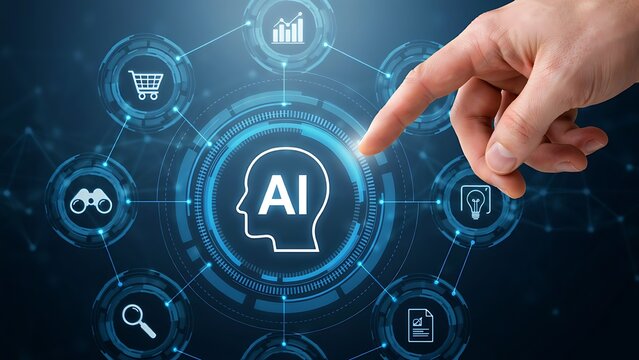 Hand pointing at AI brain symbol for technology innovation and smart digital data analysis