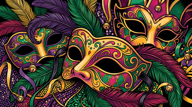 Decorative venetian masks with festive feathers for mardi gras carnival celebration graphic element