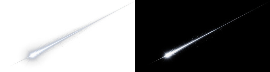 Glowing white shooting star light streak, 3d rendered magic trail with lens flare and stardust particles on transparent background for cosmic space design and motion graphic overlays © PNG