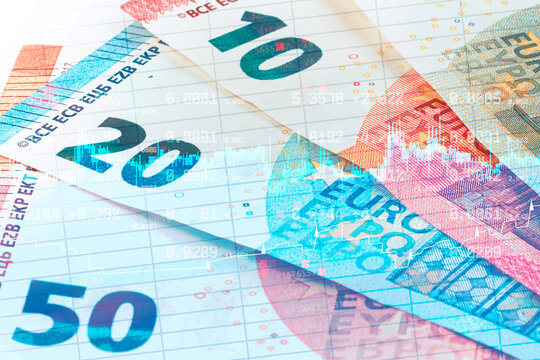 Euro banknotes with financial charts, price quotes and market data overlay. Currency trading, exchange rate analysis and eurozone economy concept for banking reports and investment marketing.