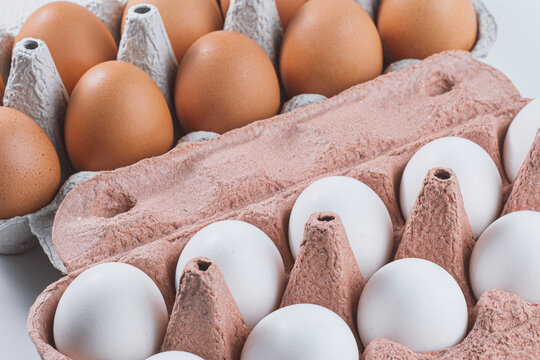 Top view of brown and white chicken eggs in paper cartons. Fresh organic farm eggs, grocery staple, poultry farming, protein source, cooking preparation and food market concept.
