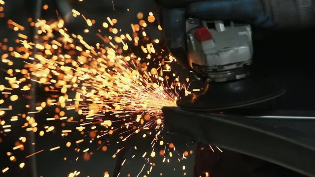 Worker finishes steel frame with manual tool as hot sparks shower aside in workshop closeup. Technician polishes metal surface at construction site
