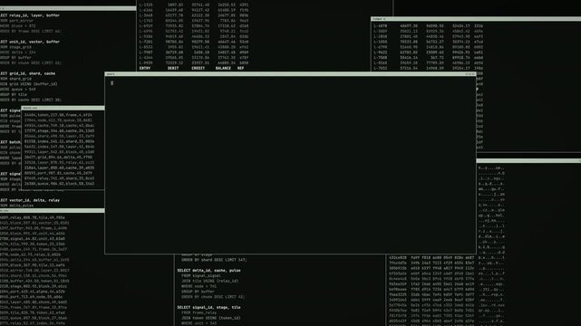 Digital Screen Displaying Multiple Windows of SQL Database Queries and Financial Ledger Data Analytics.