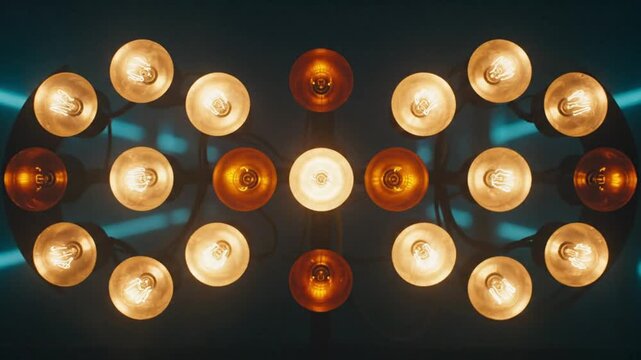 Vintage light bulb installation glowing in darkness creating artistic geometric interior decoration pattern